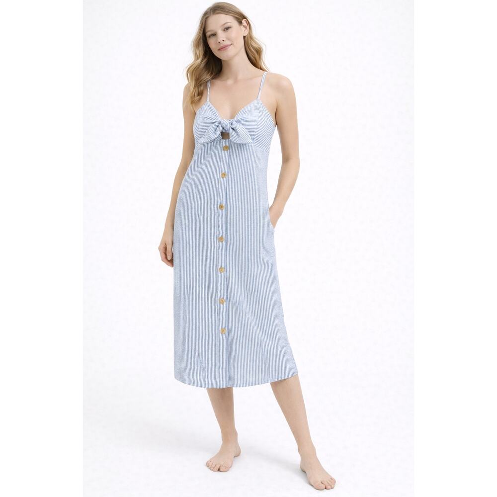 Zara Trafaluc Blue White Seersucker Bow Front Button Sundress Size Small